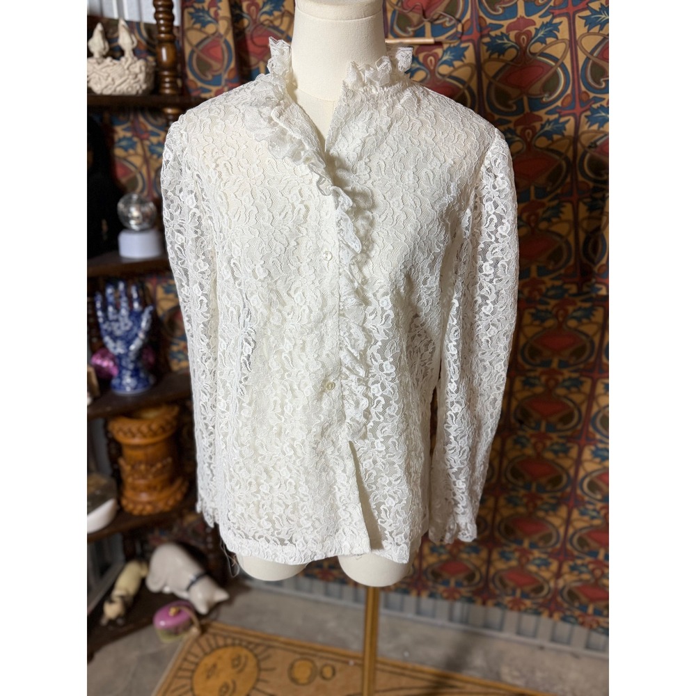 Vintage Teddi of California White Lace Ruffle High Neck Blouse Size 14